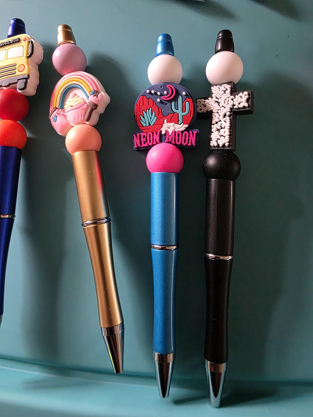 Beaded Pens with Charms: Rainbow, Cactus, Coffee Cup, Books, School Bus Designs