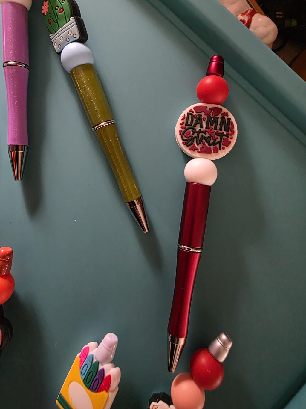 Beaded Pens with Charms: Rainbow, Cactus, Coffee Cup, Books, School Bus Designs