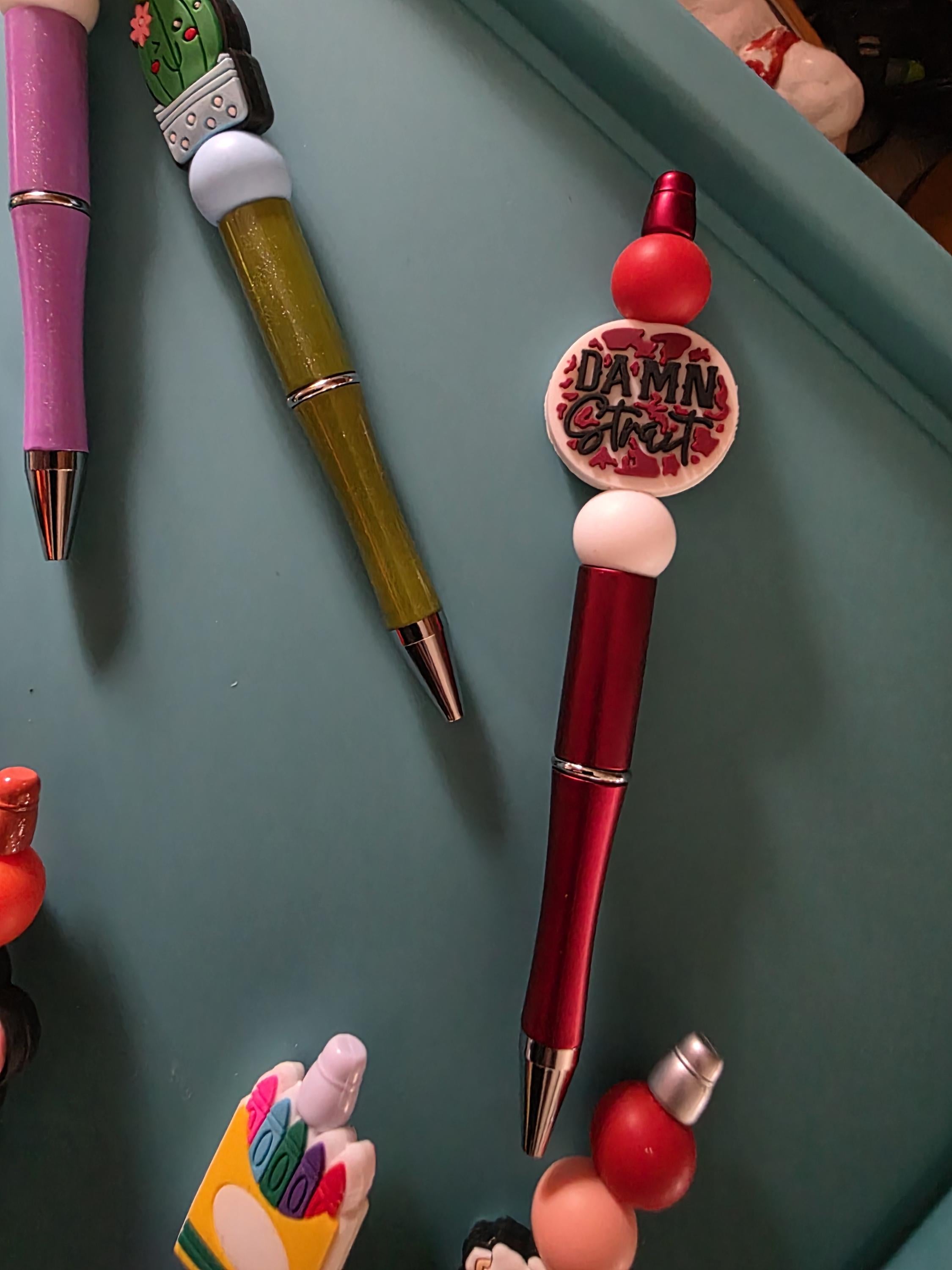 Beaded Pens with Charms: Rainbow, Cactus, Coffee Cup, Books, School Bus Designs