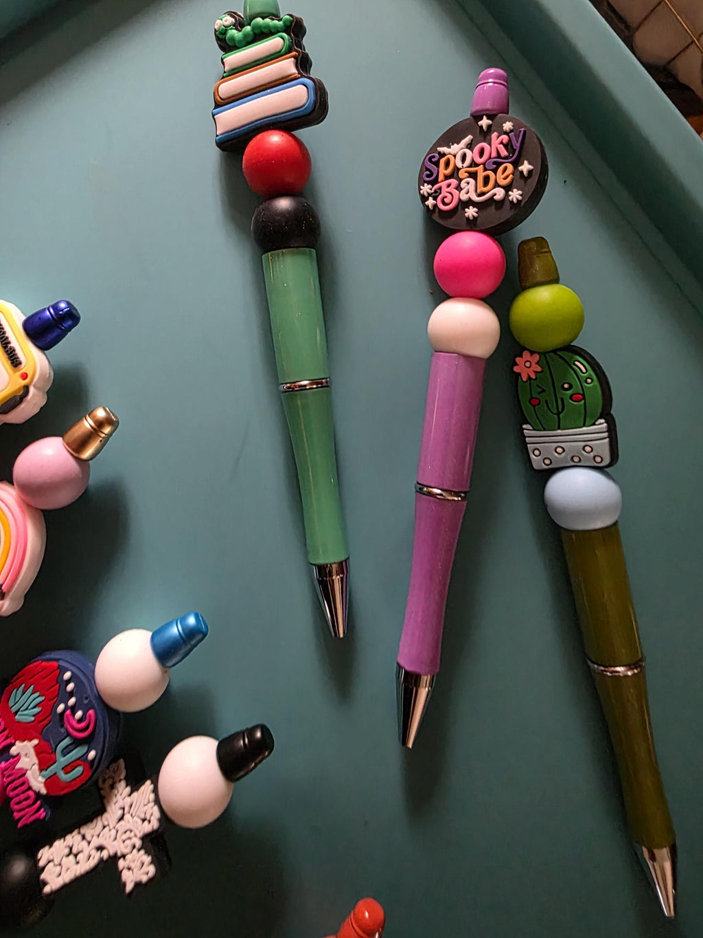 Beaded Pens with Charms: Rainbow, Cactus, Coffee Cup, Books, School Bus Designs
