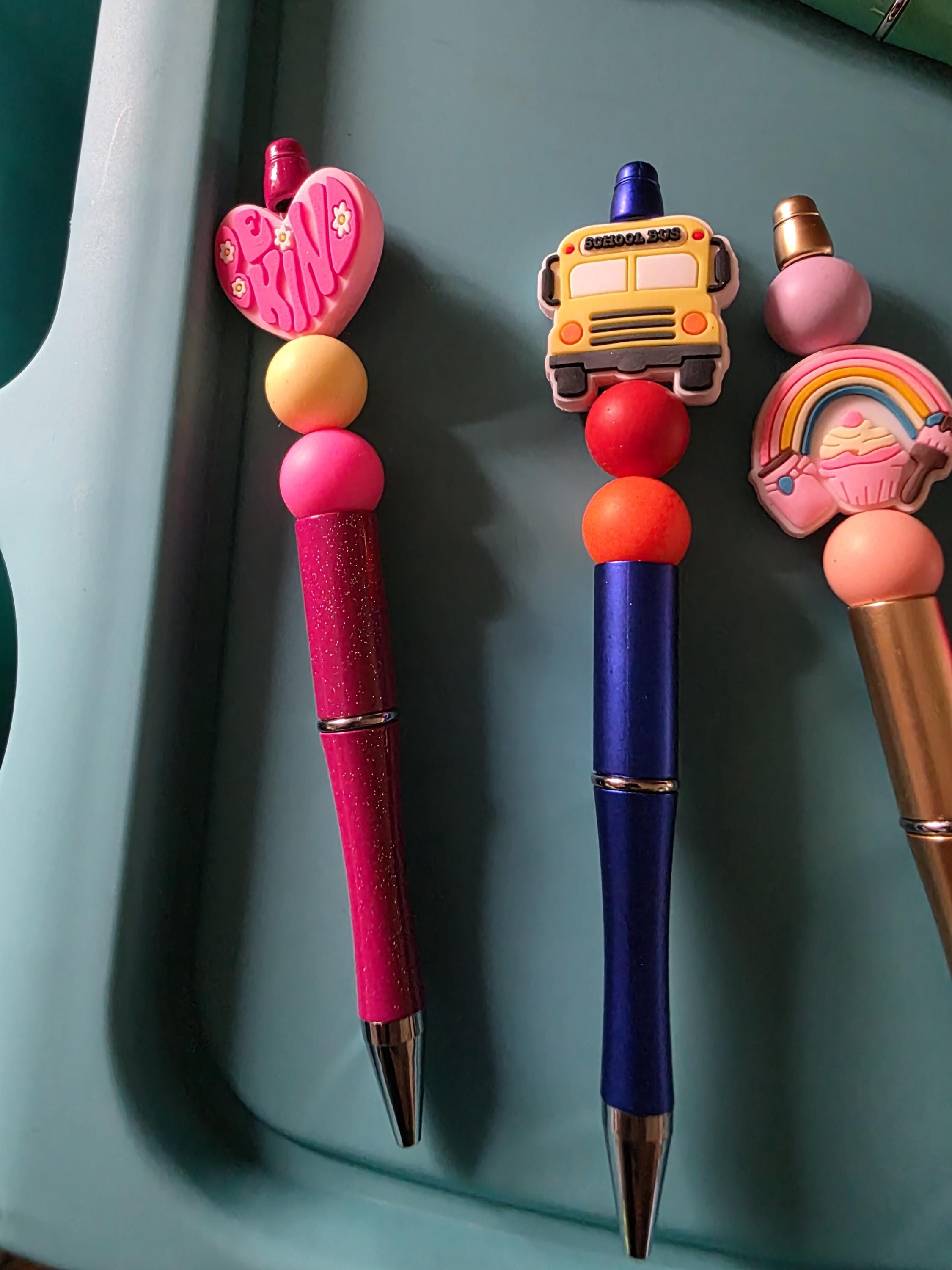 Beaded Pens with Charms: Rainbow, Cactus, Coffee Cup, Books, School Bus Designs