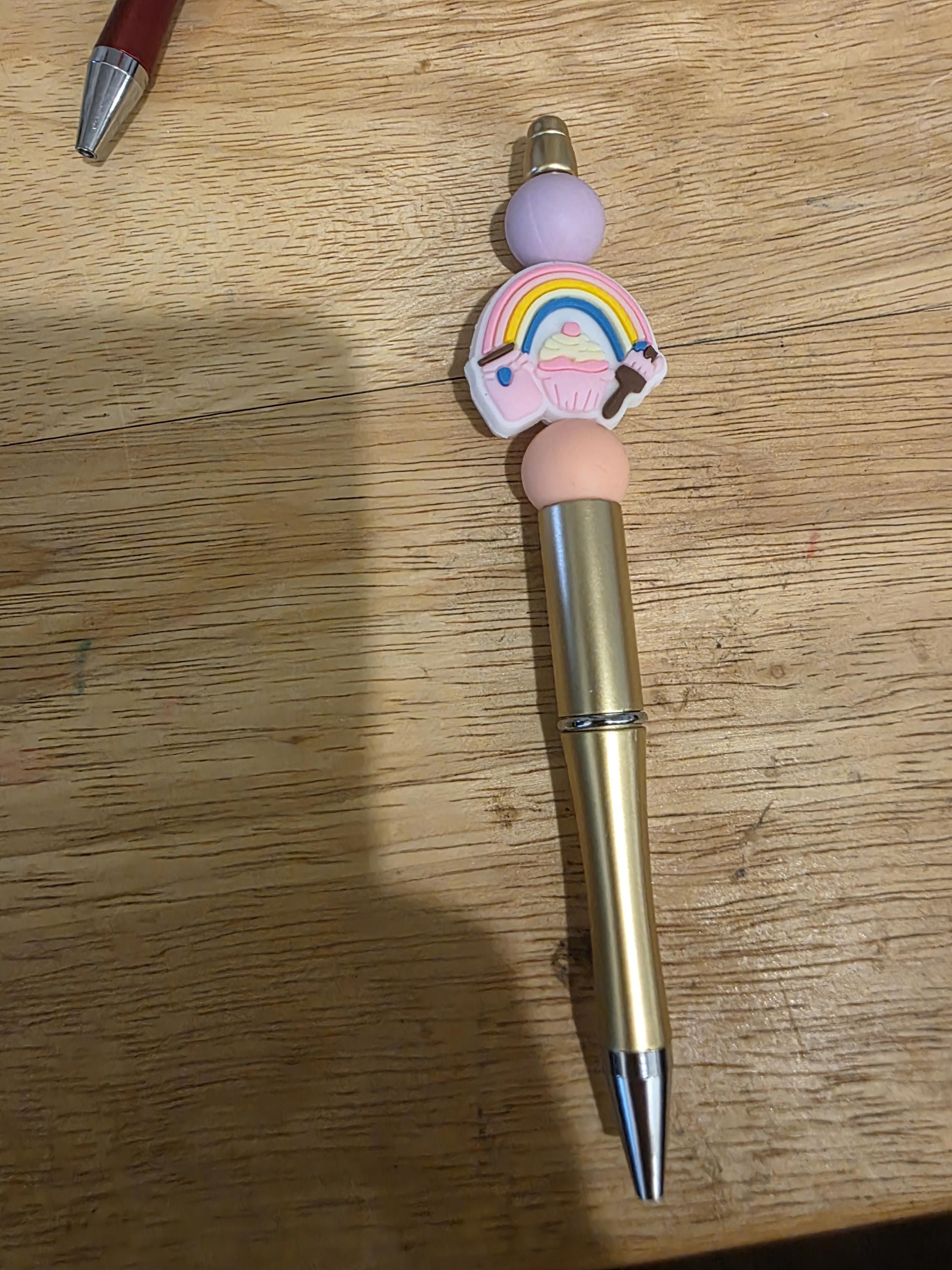 Beaded Pens with Charms: Rainbow, Cactus, Coffee Cup, Books, School Bus Designs