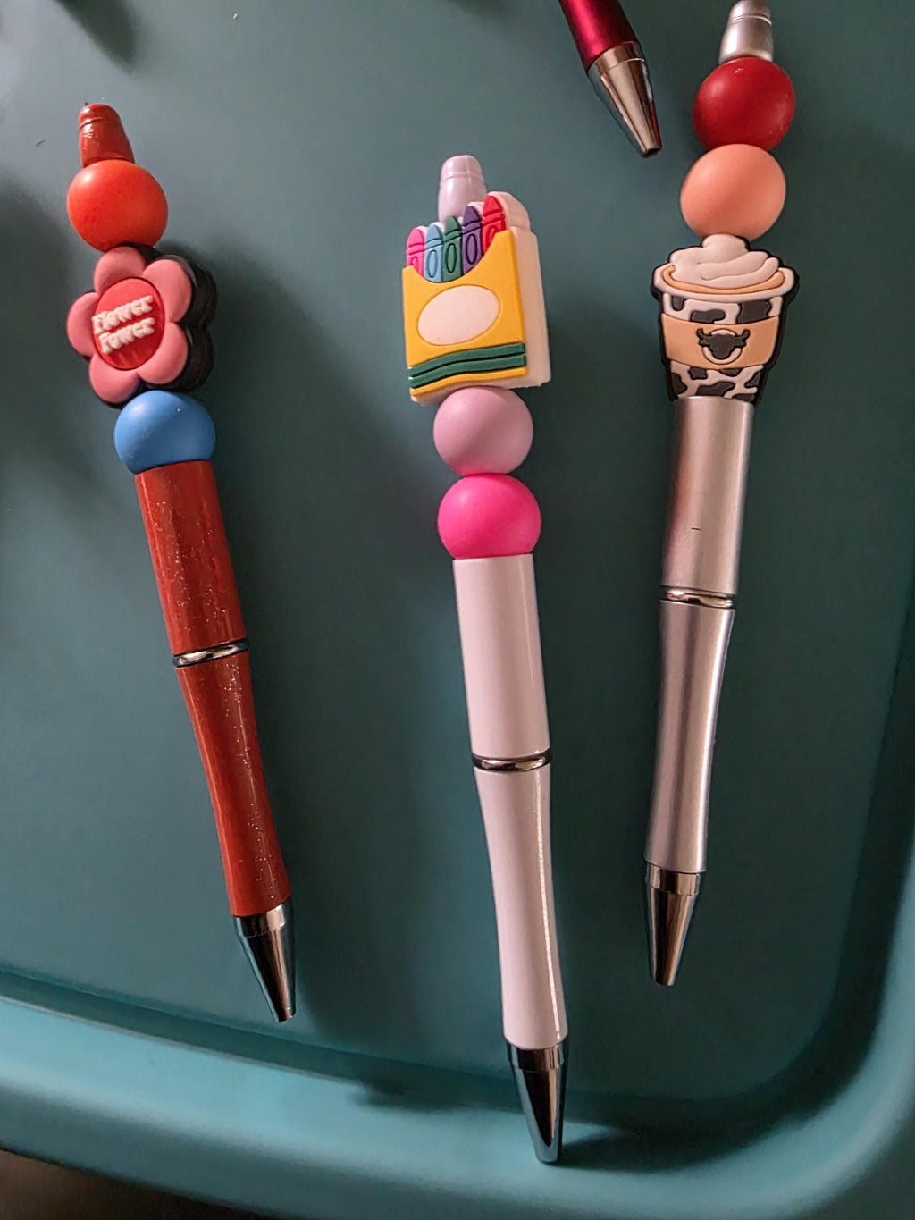 Beaded Pens with Charms: Rainbow, Cactus, Coffee Cup, Books, School Bus Designs