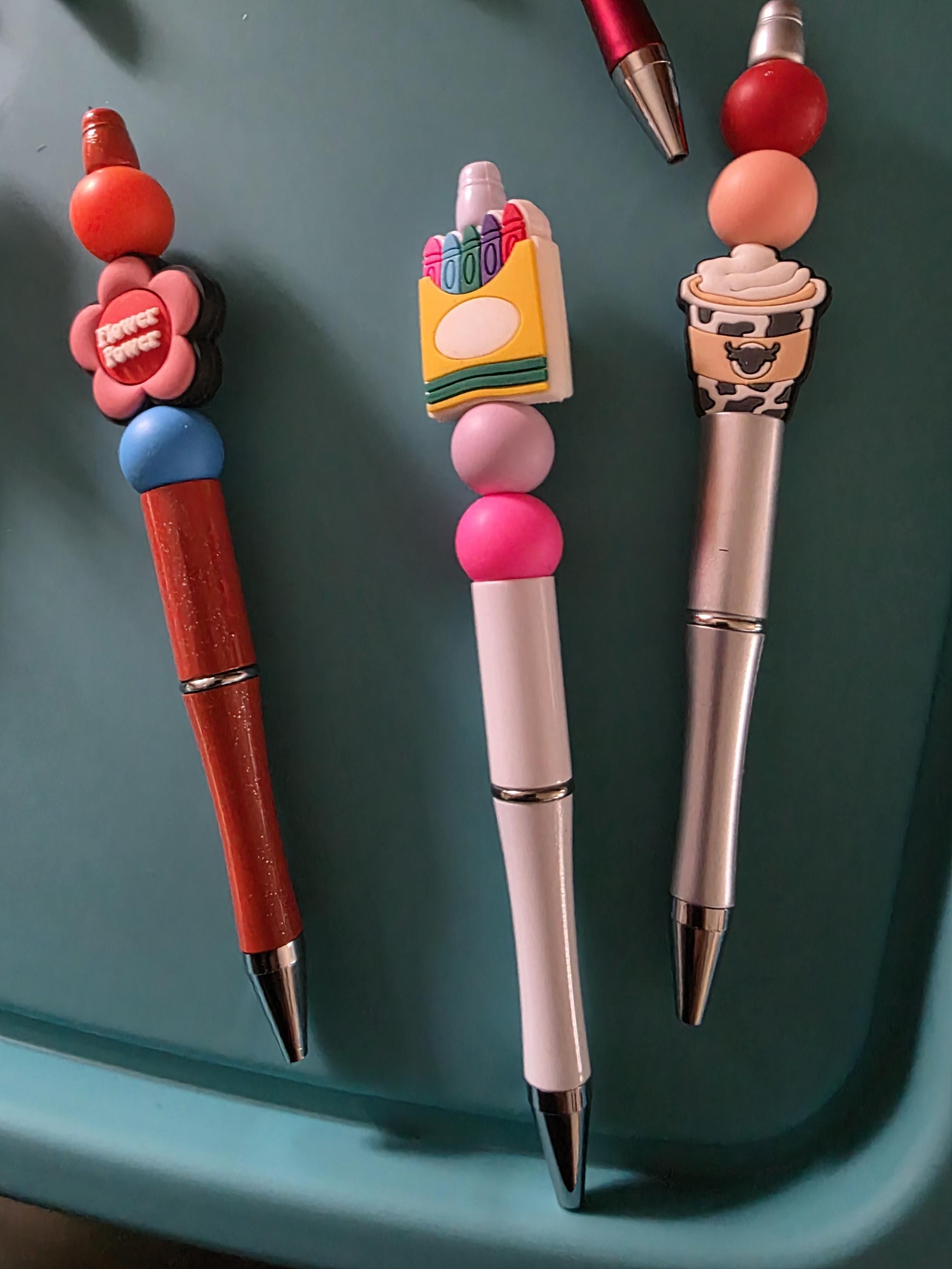 Beaded Pens with Charms: Rainbow, Cactus, Coffee Cup, Books, School Bus Designs